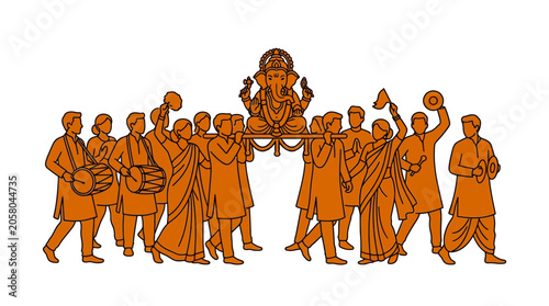 Fotografi A group of people carrying a statue of Lord Ganesha in a festive procession