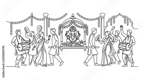 Tableau sur toile Line art illustration of people celebrating a traditional Indian festival with Lord Ganesha