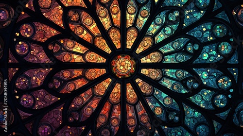 Stained glass window with glowing colors and intricate details, a display of artistry