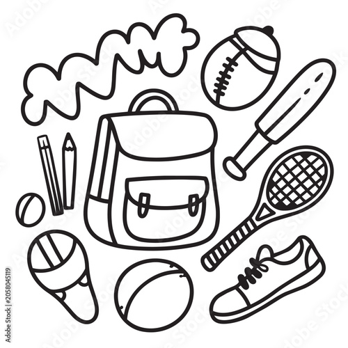 Hand Drawn Vector Set of Back-to-School Utensils and Football Tools Icons 