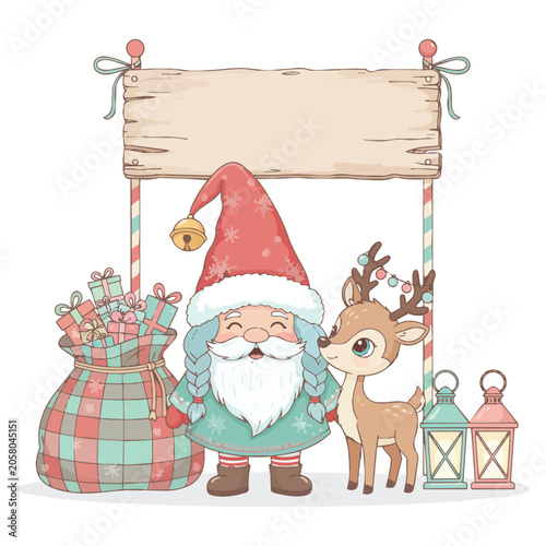 Santa Claus holding blank banner and gift in Christmas winter cartoon vector illustration holiday celebration card design with snow and festive decoration