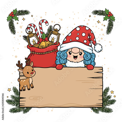 Christmas card featuring Santa Claus, reindeer, Christmas tree, snow and festive holiday celebration design