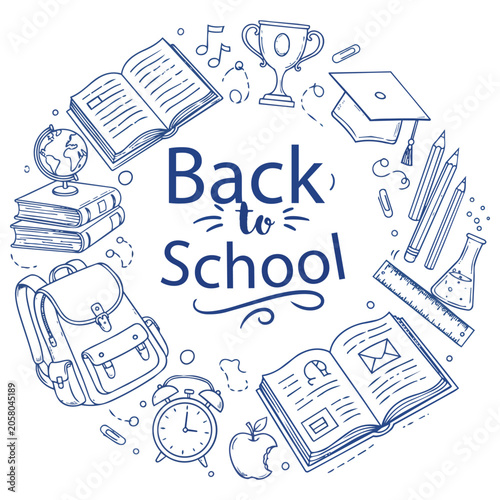 Back to school doodle illustration set with school icons, sketch style symbols, vector design elements, education concept pattern and cartoon hand drawn school themed art