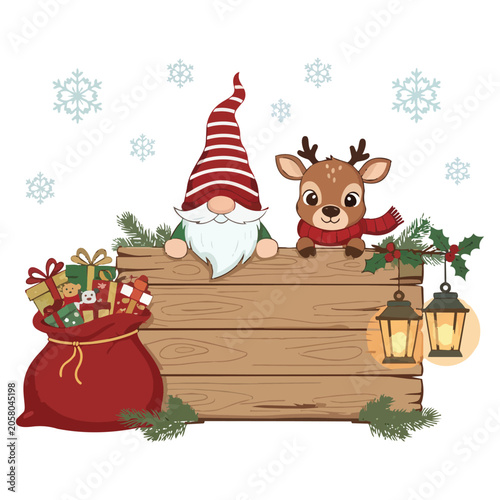 Santa Claus and reindeer Christmas card with Christmas tree, gifts, snow, snowflakes, winter holiday celebration vector illustration design