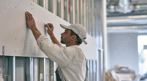 Drywall installer is hanging gypsum board on metal stud wall, representing drywall installation, interior finish, and commercial construction