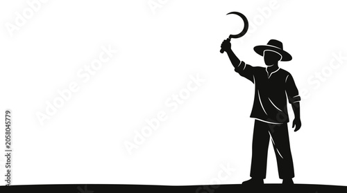 Fotografie A silhouette of a farmer holding a sickle tool in his hand.