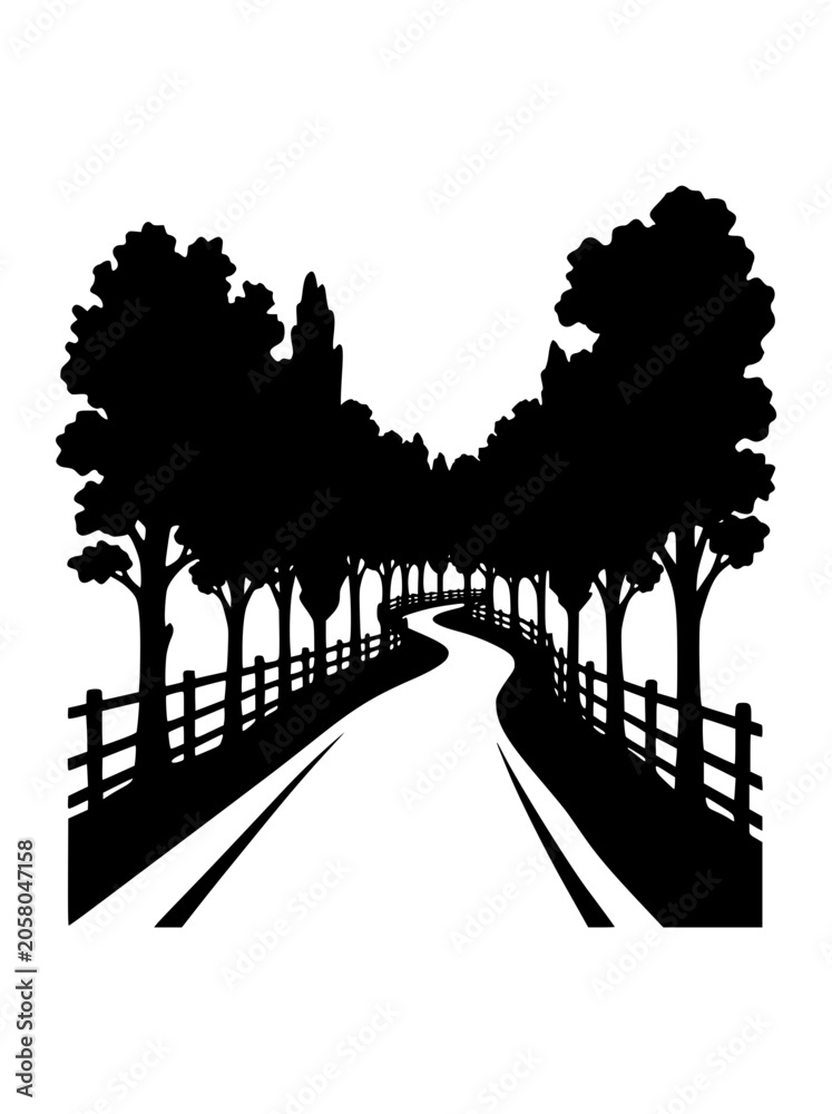 Obraz premium Winding path through tree lined avenue silhouette illustration