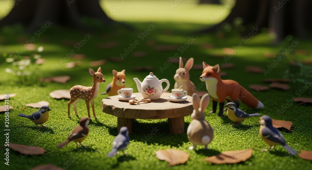 Fototapeta premium A tiny ceramic tea set sits on a rustic wooden table in a sunlit forest clearing, surrounded by friendly wild animals and lush green moss, forest, party, treats