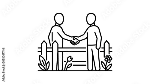Photos Two people shaking hands over a wooden fence in a simple line art illustration
