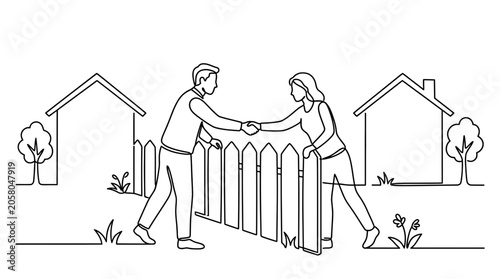 Photography A continuous line drawing of a man and woman shaking hands over a picket fence