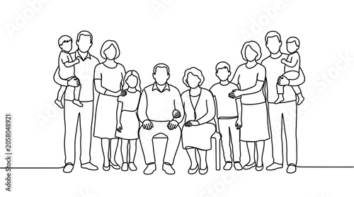 Foto A continuous line drawing of a multi-generational family standing together for a portrait