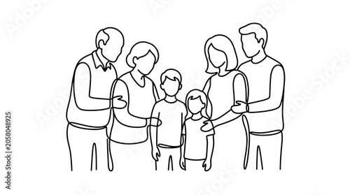 Continuous line drawing of a multi-generational family standing together.