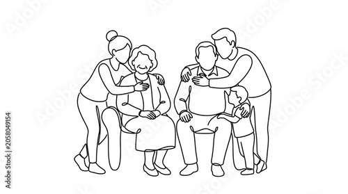 A line art illustration of a multi-generational family posing together for a portrait.