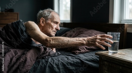 Elderly Man Reaches For Water Glass From Bed
