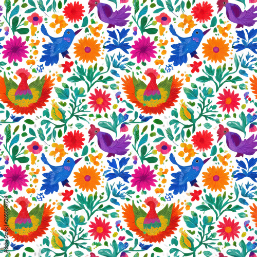 Colorful seamless repeating folk art pattern featuring birds, flowers and lush botanical elements, isolated as a PNG with transparent background.