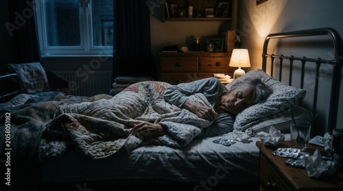 Elderly Person Sleeping In Bed With Medication And Tissues