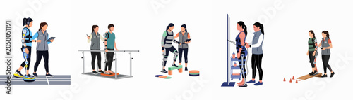 Foto Flat illustration set of patients undergoing physical therapy and rehabilitation using advanced robotic exoskeletons assisted by medical professionals on white background