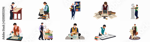 Принти на полотні A collection of flat illustrations showing diverse archivists, historians, and researchers working with ancient manuscripts, scrolls, maps, and historical museum artifacts
