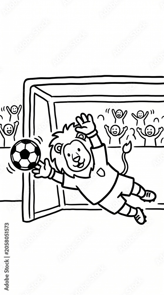 Fototapeta premium Lion Goalkeeper Diving to Save a Penalty Kick Coloring Book for Kids