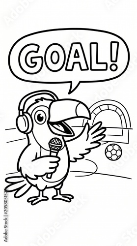 Toucan Commentator Announcing a Goal into a Microphone Coloring Book for Kids