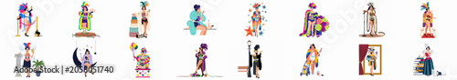 Fotografie Collection of vector illustrations featuring a glamorous drag queen performer in various outfits and settings, ideal for cabaret and LGBTQ+ themes
