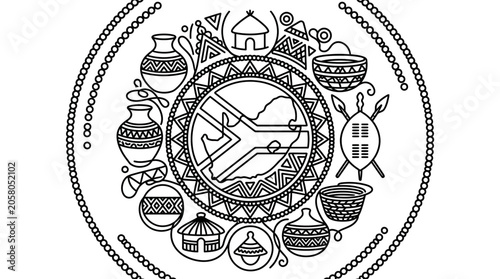 Intricate black and white line art illustration featuring South African cultural symbols and map.