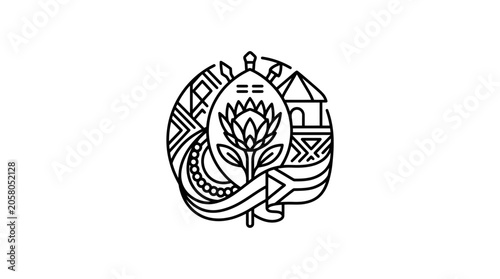 A stylized line art emblem representing South African cultural heritage and national symbols.