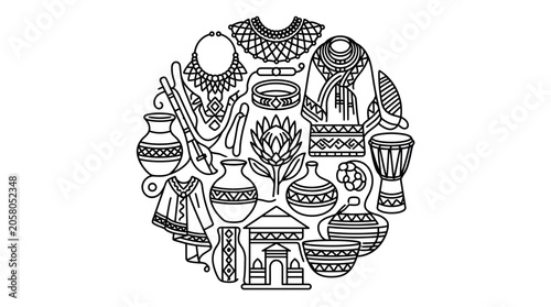 Circular composition of South African cultural icons and traditional artifacts in line art style.