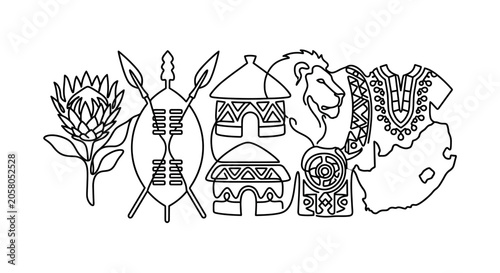 A line art illustration featuring iconic South African cultural and natural symbols.