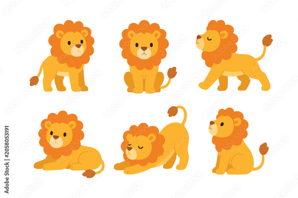 Fototapeta premium Cute Scandinavian Lion Character Vector Set, Cartoon Jungle King Animal Clipart Collection, Flat Safari Lion Cub Sticker Elements for Kids