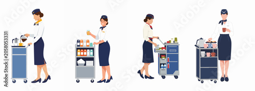 Foto Flat vector illustration set of professional flight attendants in uniform serving snacks and drinks from service trolleys on a white background