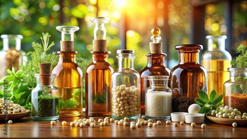 Various pharmacy bottles of homeopathic medicine