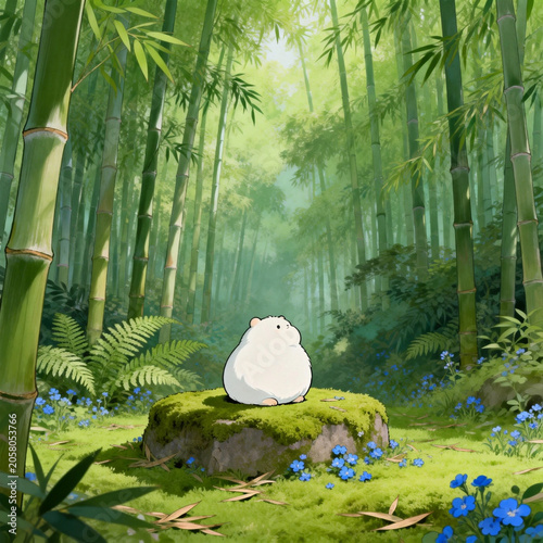 Cute White Creature Sitting on Mossy Rock in a Bamboo Forest