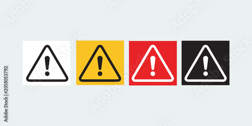 4-Pack Colour Warning Triangle Icon Set – Hazard Alert Monochrome Yellow Red Flat Symbol