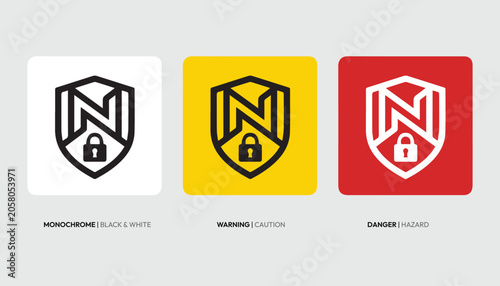 4-Pack Colour Shield Warning Icon Set – N Lock Security Alert Symbol Black Yellow Red