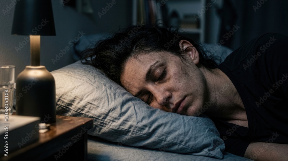Obraz premium Exhausted Woman Sleeping Peacefully In Dim Lit Bedroom