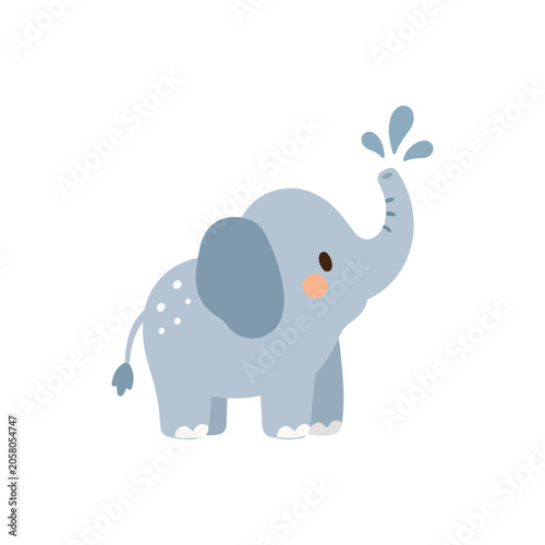 Fotografía Cute Elephant Spraying Water Vector Illustration, Happy Cartoon Baby Elephant Tr