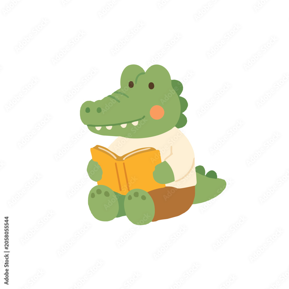 Obraz premium Cute Crocodile Sitting and Reading Book Vector Illustration, Smart Cartoon Baby Alligator Student, Flat Reptile Back to School Clipart for Kids
