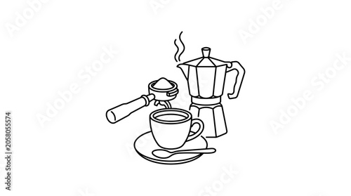 Canvas-taulu A hand drawn line art illustration featuring a coffee cup portafilter and moka pot