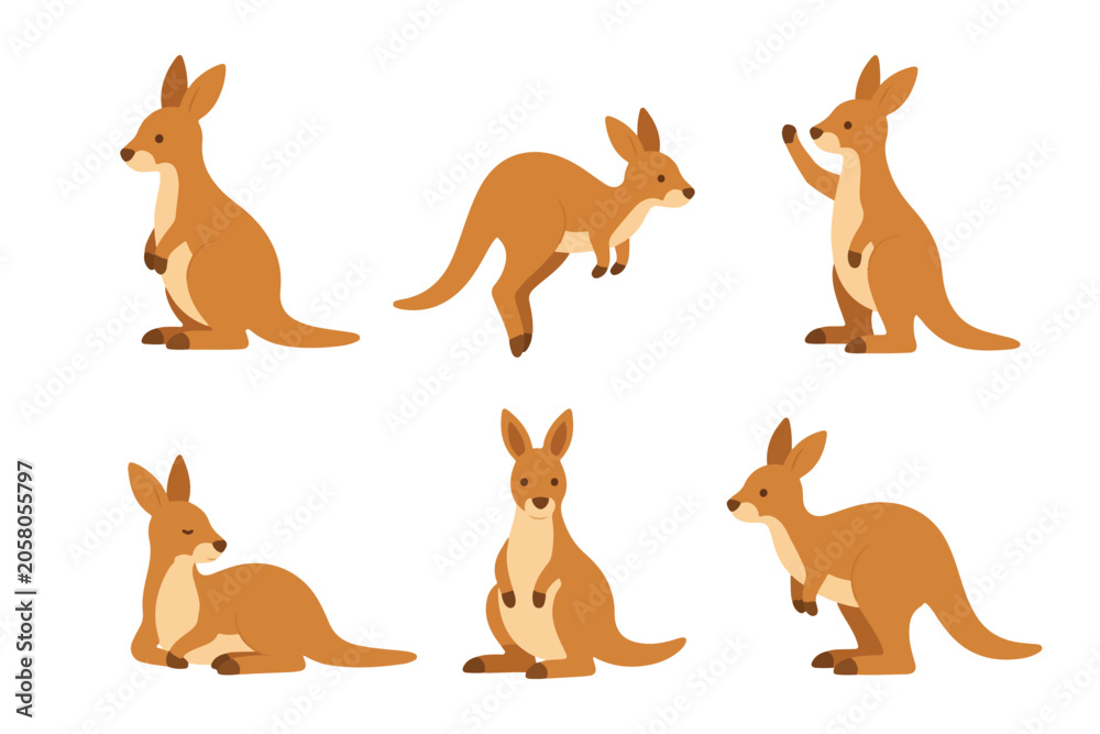 Obraz premium Cute Kangaroo Character Vector Element Set, Cartoon Joey Wallaby Clipart Collection, Flat Australian Wildlife Animal Sticker Set for Kids
