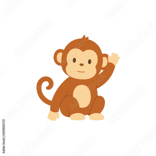 Cute Sitting Monkey Waving Hand Vector Illustration, Friendly Cartoon Chimpanzee Character, Flat Scandinavian Jungle Clipart for Kids Greeting Card