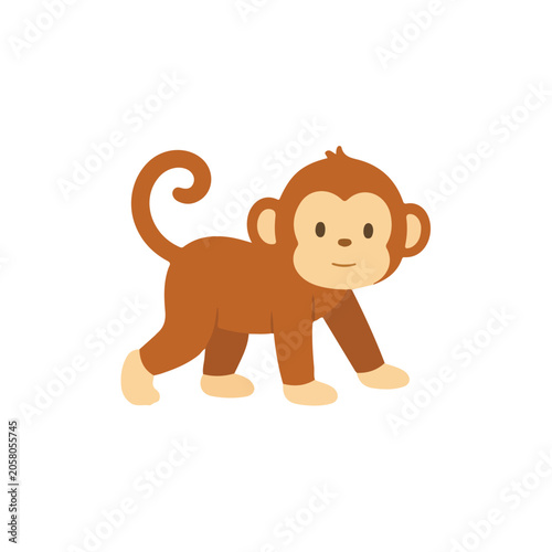 Cute Walking Monkey Character Vector Illustration, Happy Cartoon Safari Chimpanzee Moving, Active Flat Scandinavian Animal Clipart for Kids Book