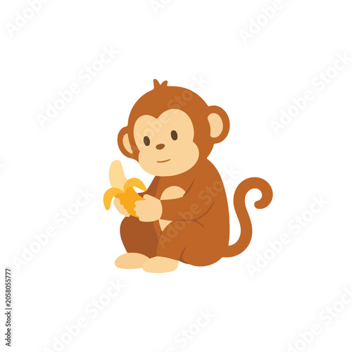 Cute Monkey Eating Banana Vector Illustration, Sweet Cartoon Chimpanzee Chewing Fruit, Flat Jungle Safari Animal Food Clipart for Kids Brand