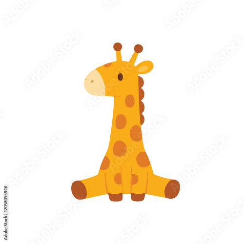 Cute Sitting Giraffe Front View Vector Illustration, Friendly Cartoon Safari Spotted Character, Flat Scandinavian Animal Clipart for Nursery Decor