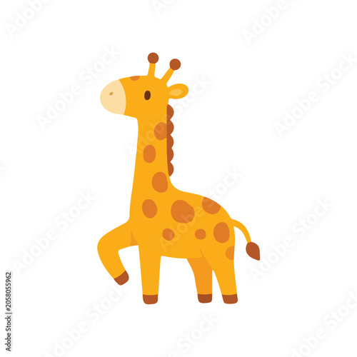 Cute Walking Giraffe Character Vector Illustration, Happy Cartoon Safari Animal Moving, Active Flat Scandinavian Giraffe Clipart for Kids Book