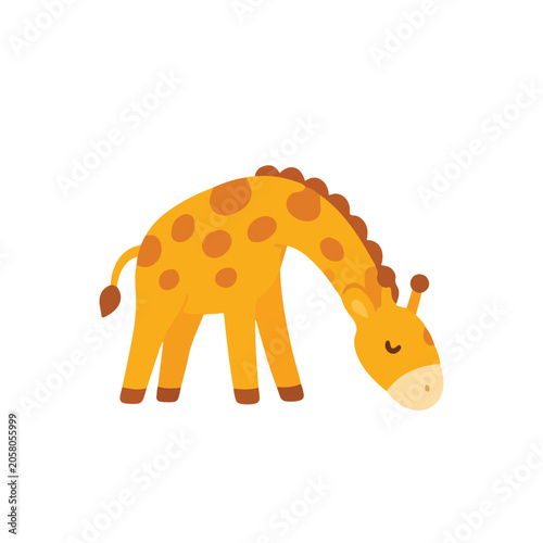 Cute Bending Giraffe Vector Illustration, Playful Cartoon Safari Animal Bending Down, Flat Scandinavian Giraffe Eating Pose Clipart for Sticker