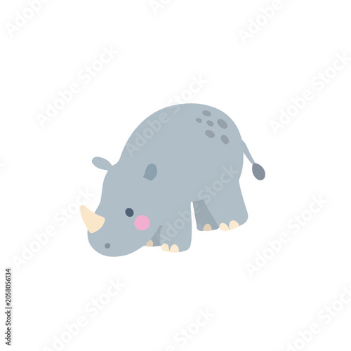 Cute Bending Rhinoceros Vector Illustration, Playful Cartoon Baby Rhino Character, Flat Scandinavian Safari Animal Clipart for Nursery Decor