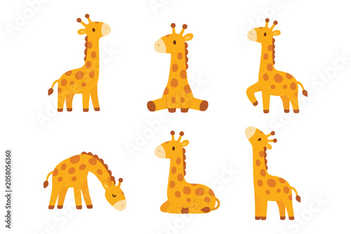 Cute Giraffe Character Vector Element Set, Cartoon Baby Giraffe Clipart Collection, Flat Safari Wild Animal Sticker Set for Kids Nursery