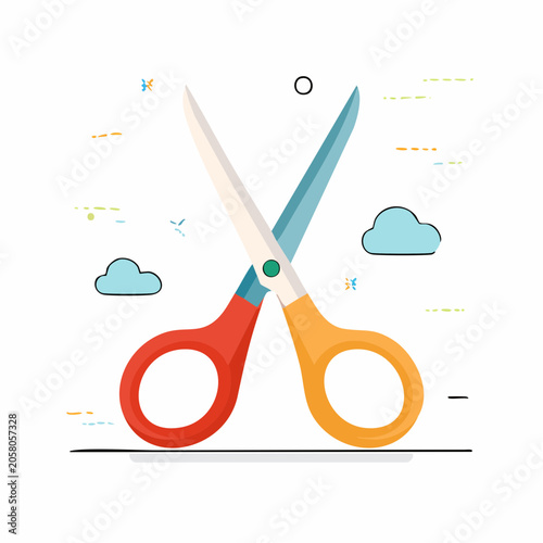 Stylized Scissors Icon with Clouds and Abstract Elements