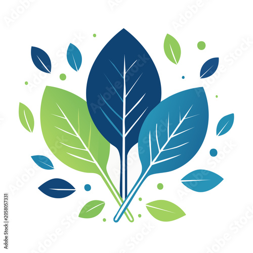 Stylized leaves in green and blue on a white background